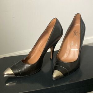 Black Leather Pumps with Silver Tips
